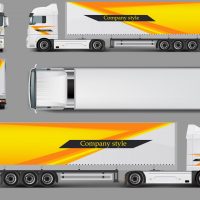 Set of vector 3d realistic icons of cargo truck, trailer front, back, top and side view isolated on gray background. Mock up, template brand design for truck, company style, identity